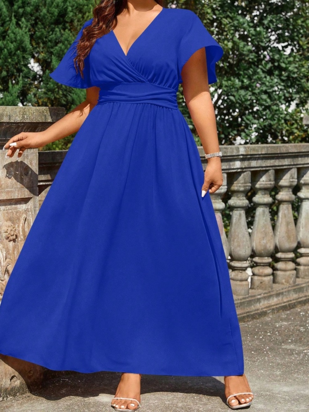 Plus Solid V neck Butterfly Sleeve High Waisted Party Evening Wedding dress - Picture 9 of 16
